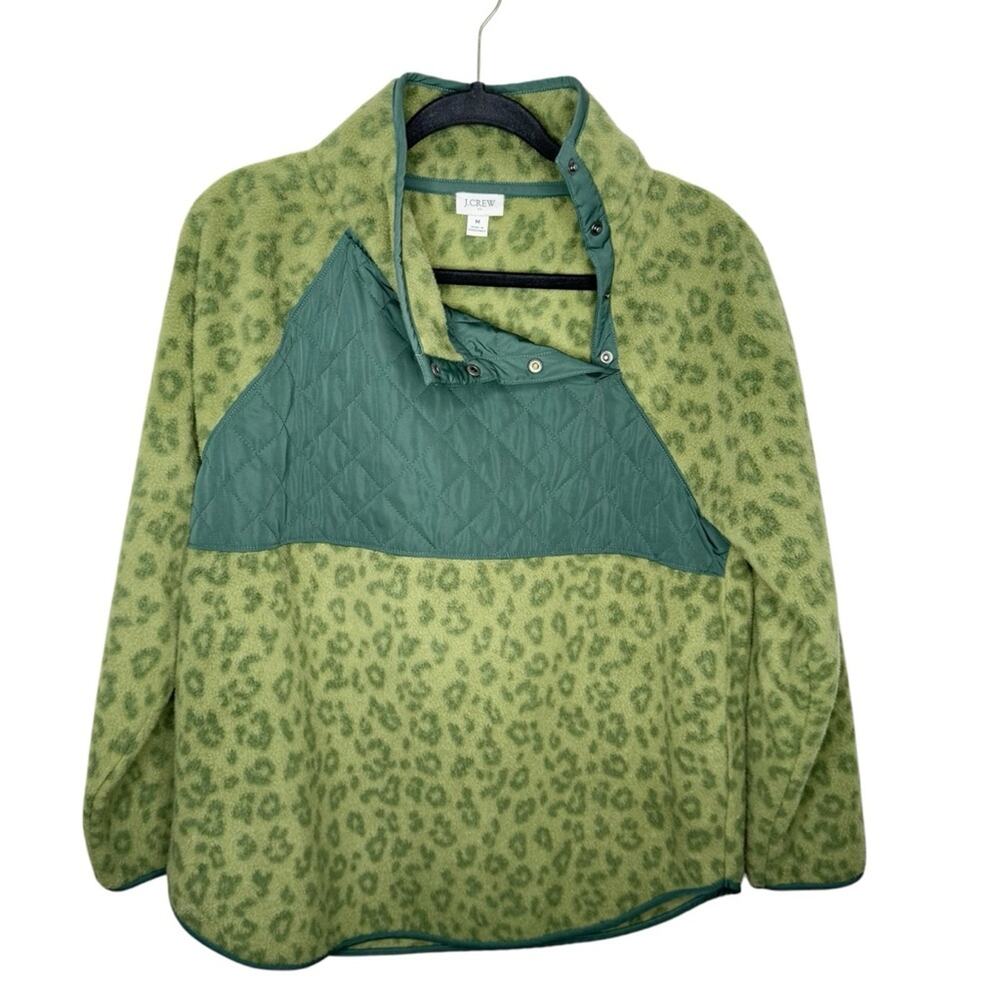 J. CREW / green leopard cheetah quilted button-neck sherpa tunic fleece / M